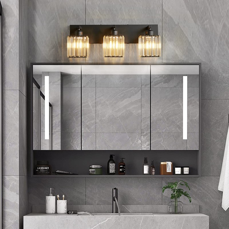 FDPBY Modern Bathroom Vanity Light 3-Lights Modern Black Crystal Bathroom