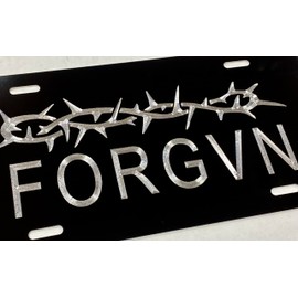 Christian Forgiven 1 Logo Car Tag Diamond Etched on Black Aluminum License Plate