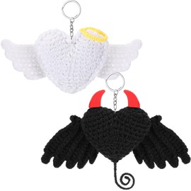 Kigeli 2 Pcs Valentines Crochet Heart with Wings Angels Keychain Gift Hand Woven Demons Knitted Heart Shaped Keychain for Valentines Birthday Couples Backpacks Purses Handbag Funny Party Favors