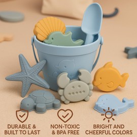 ROHSCE Baby Beach Toys for Toddlers Kids, Collapsible Baby Silicone Beach Toys,7 Sand Molds Toddler Sand Toys with Beach Buckets for Kids Boy and Girl (Blue)