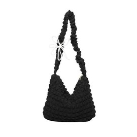 Women Pleated Handbag Nylon Shoulder Bag, Fashion Ruched Messenger Bag Sling Bag Drawstring Shoulder Bags, Black