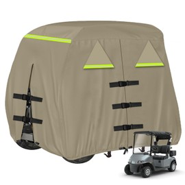 QEWTYI Golf Cart Cover 420D, Fit for Club Car, EZGO, Yamaha 2/2+2/4 Passenger Golf Cart, 3 Zipper Doors Windproof Sunproof Design - Khaki 95" L x 48" W x 66" H