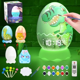 Paint Your Own Dinosaur Egg Night Light with Digital Clock Alarm Clock & Lullaby Machine Bluetooth Speaker, 12 Color Painting Dinosaur Egg Art & Craft Kit, DIY T-Rex Egg Decoration for Kids and Adults