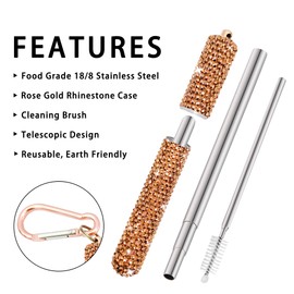 1 Pack Rhinestone Collapsible Stainless Steel Straw, Portable Straw with Cleaning Brush, Metal Reusable Drinking Straw with Bling Case for Travel(Rose Gold)