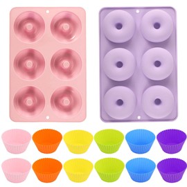 Molde para donas, 2 moldes de silicona para rosquillas, con 12 moldes de silicona para cupcakes, Moldes de silicona antiadherentes reutilizables de grado alimenticio para hornear, sin BPA (violeta)