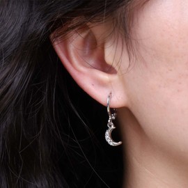 Yienate Boho Huggie Hoop Earrings Tiny Circle Hoop Earrings CZ Rhinestone Moon / Star / Flash / Evil Eye / Cone / Snake Dangle Drop Earrings Punk Statement Earrings for Women Girls (Silver Moon Star),