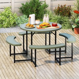 Tangkula 8 Person Picnic Table, HDPE Outdoor Round Table and Bench Set with 4 Built-in Benches, Umbrella Hole, Metal Frame for Garden Yard Patio Lawn