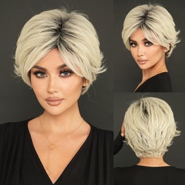 Short Gray Blonde Wigs for White Women Pixie Cut Wigs with Bangs Layered Natural Looking Synthetic Hair Wigs for Daily Use 12 inch Curly Hair Wig
