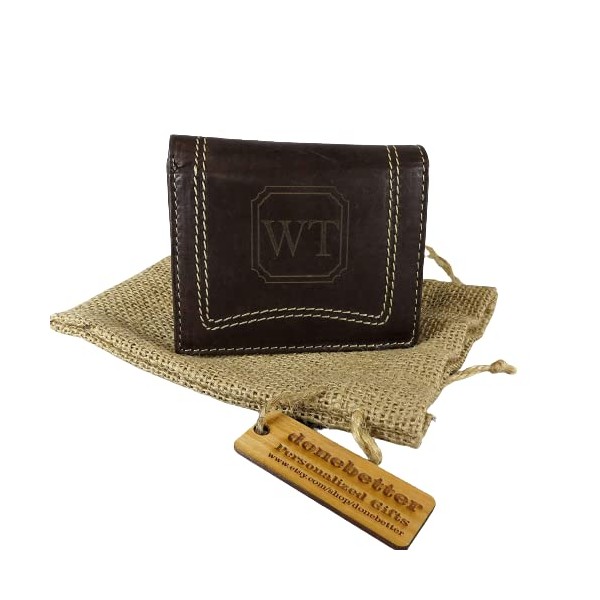 Unique Genuine Leather Tri Fold Personalized Mans Wallet White Stitching