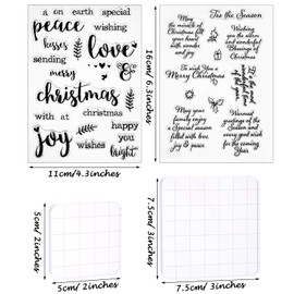 4 Pieces Words Christmas Clear Stamps Set Silicone Greeting Stamps Sentiments Merry Christmas Crafts Acrylic Blocks Tools with Grid Lines for Card Making Decor DIY Scrapbooking
