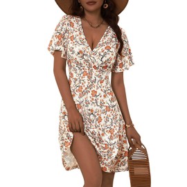 FENSACE Boho Dresses for Women 2025 Curvy Flattering Western Summer Clothes(Wihte Orange Floral-79,Small)