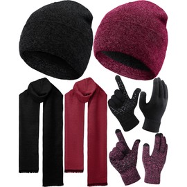 6 Pieces Women Men Knit Winter Warm Beanie Hat Touchscreen Gloves Scarf Set Fleece Lining Skull Caps Neck Scarves (Black, Wine Red)