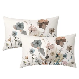 Teal Brown Cream Grey Floral Lumbar Pillow Covers 12x20 In Watercolor Tan Gray Beige Flowers Rectangle Throw Pillows Rustic Abstract Modern Pillowcases Home Decor For Living Room Couch Sofa Set of 2