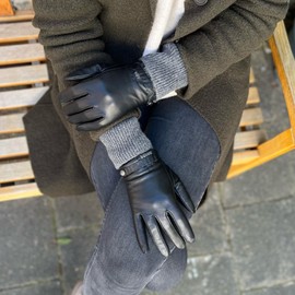 Hand Gewand by Weikert Stella New Edition Women's Leather Gloves with Long Warming Knitted Cuff, Touch Screen Capable, Soft Lambskin Leather, Extra Warm and Elegant, black / grey