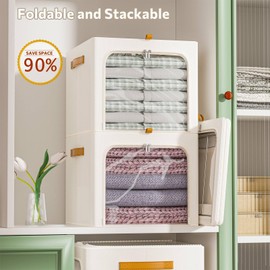 Chizjox 6 Pack Clothes Storage Bins with Metal Frame - Stackable Storage Box with Lid，42L Foldable Storage Container Organizer for Clothes，Linen Fabric Storage Box with Clear Window＆Leather Handles