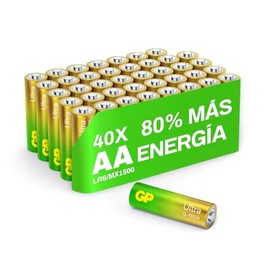 GP Pilas AA, Paquete de 40 Baterias AA, 1.5V Alcalinas - hasta 80% Más Potencia con G-Tech, 10 Años de Vida Útil, Alto Rendimiento, Perfectas para Juguetes, Controles Remotos, Videojuegos y más