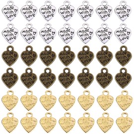 AFCJLTO 60 x Antique Silver Heart Pendants 'Made with Love', Handmade Buttons, Metal Label Pendant, Perfect for DIY Jewellery Making and Accessories (Gold, Silver, Copper), Metal