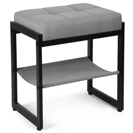 FrexCheng Vanity Stool, Linen Fabric Footstool, Bench with Storage Shelf, Makeup Dressing Stool for Dressing Table, Living Room, Bedroom,Grey&Black