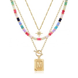 MJartoria Layered Initial Necklaces for Women Trendy, 14K Gold Plated Simple Star Choker Square Letter Pendant Necklace, Colorful Beaded Necklace, Gold Necklaces Jewelry Gifts (M, Gold Plated)