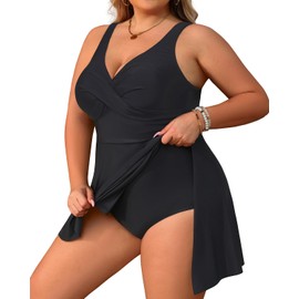 Daci Plus Size One Piece Swimsuits for Women Flowy Asymmetrical Hem Swim Dress with Shorts Built in, Black, 16 Plus
