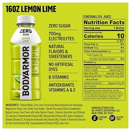 BODYARMOR ZERO Sugar Lemon Lime, Sugar Free Sports Drink - Low-Calorie Hydration - Natural Flavors with Potassium Packed Electrolytes, Antioxidants, and B-vitamins, 16 fl oz (pack of 12)