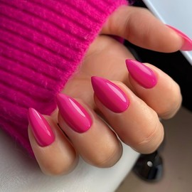 KQueenest 30 Pcs Acrylic Press on Nails Short Almond, Hot Pink False Nails Short Almond, Glossy Solid Color Stiletto Fake Nails Set, Reusable Natural Gel Stick on Nail for Women Finger Daily Wear