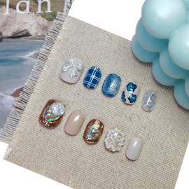 Short Square Press on Nails Handmade False Nails with 3D Designs/Charms, Cute Reusable Fake Stick on Acrylic Tips (Peacock Blue, Small)