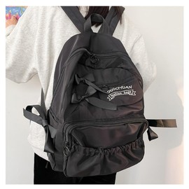 semmoi Backpack with Attached Bow-Knots - Ideal for Day-to-Day Use, Kawaii Backpack, Y2k, Aesthetic Cute Backpack (Black)