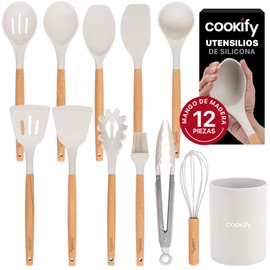Cookify Juego de Utensilios de Cocina Silicona y Madera 12 Piezas Marfil