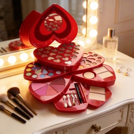 Heart Shape Makeup Kit - 60 Colors All-in-One Full Cosmetic Set with Neutral Matte Shimmer Eyeshadow, Lipstick, Blush, Powder, Eyeliner, Brushes & Mirror - Make up Complete Gift for Women Teens