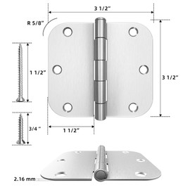 3 Pack Rounded Door Hinges Brushed Nickel 3.5 x 3.5 inch with 5/8 Radius, Satin Nickel 3 1/2 Interior Door Hinges, 3 ½"x 3 ½" Silver Hardware