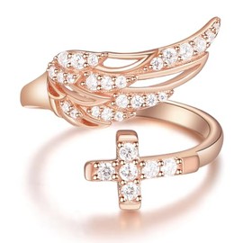 Dreamboat Sterling Silver Cross Rings for Women Angel Wing Ring Feather Ring Rose Gold Crucifix Ring Faith Ring Christian Jewelry Catholic Confirmation Religious Gifts for Mom