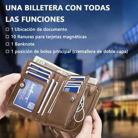 Cartera para Hombre, lletera para Hombre Piel, con RIFD Protección, 11 Ranuras para Tarjetas, con Cremallera, Regalo para Hombre de Navidad, Cumpleaños etc (Caqui)