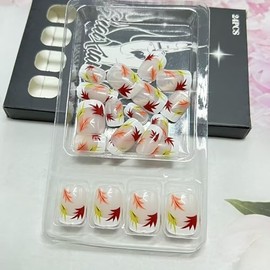 Fall Press on Nails Short Square Fake Nails with Leaf Designs Autumn White French Tip False Nail Thanksgiving Full Cover Acrylic Stick on Nail for women 24Pcs