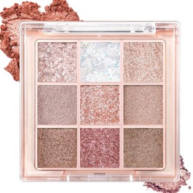 9-Color Glitter Eyeshadow Palette - Shimmer & High Pigment, Long-Lasting, Waterproof & Natural-Looking Sparkly Makeup, Warm Pastel Palette for Stunning Eye Makeup, Pink, White & Gold Shimmer Shades