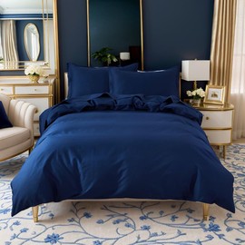 Brandream Kid's Duvet Cover Twin/Twin XL Size,100% Organic Cotton 2pcs Boys Bedding Duvet Cover Set, Ruffled Fringe Solid Color Soft Breathable with Zipper Closure & Corner Ties(Navy Blue)