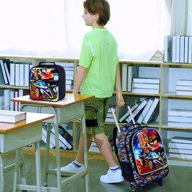 UFNDC 3PCS Boys Rolling Backpack, Cool Car Wheeled Bookbag，Roller School Bag with Wheels for Elementary Preschool Travel