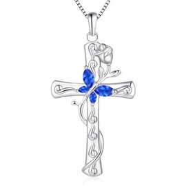 YL Butterfly Cross Necklace Sterling Silver Cubic Zirconia Rose Pendant Created Sapphire Crucifix Jewelry for Women