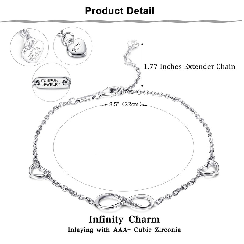 FUNRUN JEWELRY 925 Sterling Silver Infinity Bracelets and Anklet Bracelets