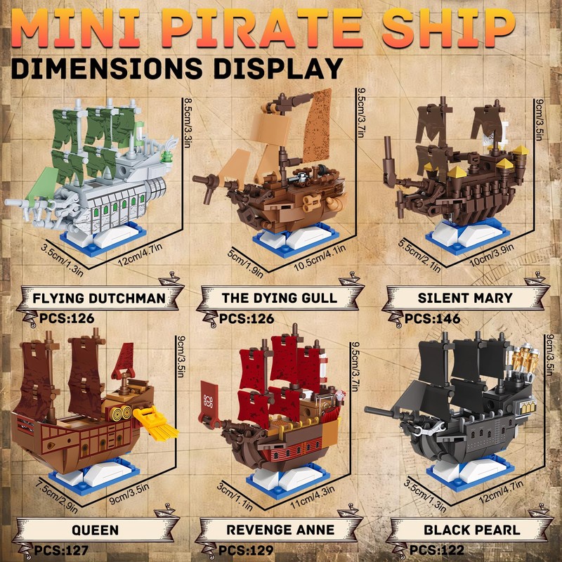 YCJZXMS 6-in-1 Pirate Ship Building Blocks Set, Mini Brick Pirate
