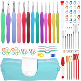 77Pcs Crochet Hooks Set of Crochet Cover Equipped with Knitting Needle Big Eye Blunt Needle Color Crochet Plastic Suture Mark and Shell Aluminum Alloy Ergonomic Soft Grip Crochet Handle Crochet Set (Multi, Medium)