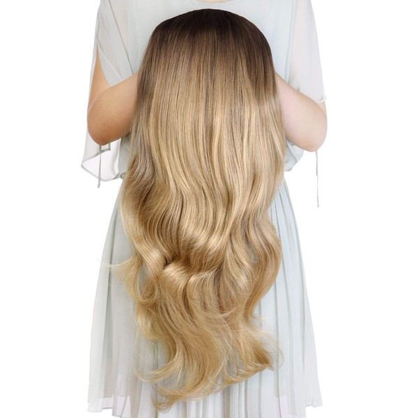 24" Long Wavy Clip in Half Head Tied Wig Blonde Premium Japanese Synthetic Kanekalon fibers Hair Extensions For Women 210g 7-2-3#