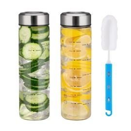 Glass Juice Bottles 20oz -2 Pack Mouth Water Bottles with Lids for Juicing Reusable Juice Bottles for Smoothie Beverage Storage BPA Free Leakproof Borosilicate