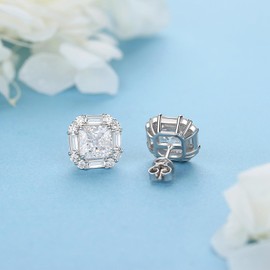Sterling Silver Diamond Earrings for Women, Sqare 4CT/Pair 7MM Lab Simulation Diamond Stud Earrings Hypoallergenic Perfect Jewelry for Her Birthday Christmas Mothers Day Gifts