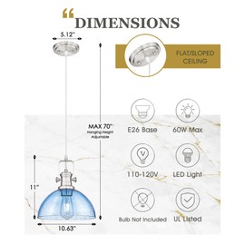 Audickic Pendant Lights Kitchen Island, 10.5" Farmhouse Pendant Lighting with Blue Seeded Glass Shade, Vintage Hanging Light Fixtures for Dining Room, Brushed Nickel, AD-22151-1PL-SN-BL