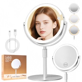 FRANO Lighted Makeup Mirror with Magnification (1X/10X), 8" Round Magnifying Vanity Mirror with Lights, Cordless Double Sided Light Weight Aluminum Alloy - Gifts Idea