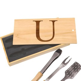 Initial U BBQ Set: Uniquely Designed for "U" with Premium Tools - Spatula, Tongs & Fork, Engraved Elegance in a Box, Ideal for Unique Personalization