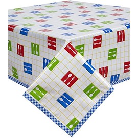 Forks and Spoons Yellow Oilcloth Tablecloth with Blue Gingham Trim You Pick The Size!