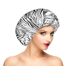 Fishent Shower Cap, Large Shower Caps for Women Reusable Double Layer Waterproof, Adjustable Extra Large Shower Cap for Long Hair and Braids（Zebra Print)