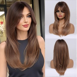 Esmee Long Straight Brown to Blonde Wig with Curtain Bangs Layered Synthetic Hair Wigs for Women for Daily Party Use